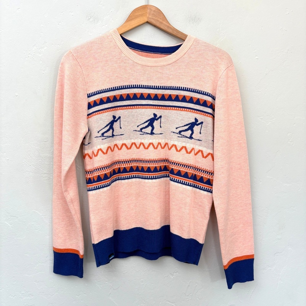 Kavu Hillrose Sweater Women Size Medium Peach Long Sleeve Skier Print FLAW